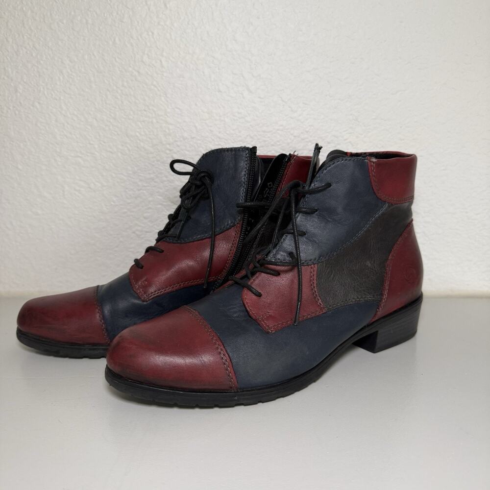 Remonte Womens 38 Leather Ankle Boots Lace Up Side Zip Red Blue Colorblock